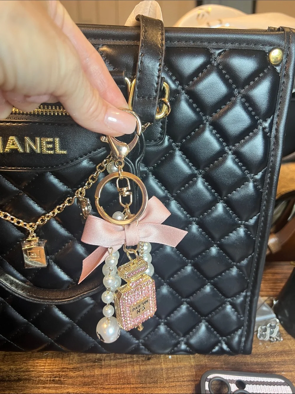 Key Chain/Phone or Bag Charm/ Pink and Pearl